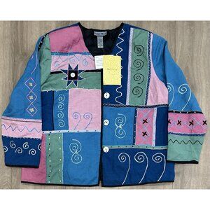 Indigo Moon Jacket/Blazer Padded Shoulders NWT Tags 1X Embroidery Colorful Artsy